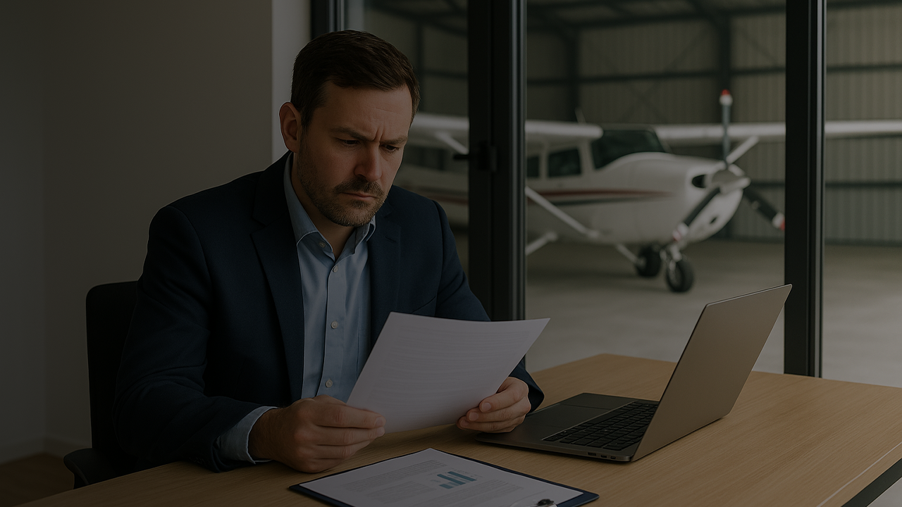 Piloto analisando cláusulas de seguros de aeronaves em escritório com hangar ao fundo